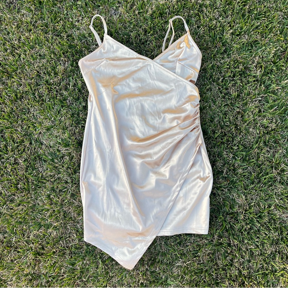 Better Be champagne metallic gold bodycon wrap dress